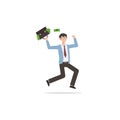 Cartoon character illustration of successful young business man bringing briefcase with full of money isolated on white Royalty Free Stock Photo