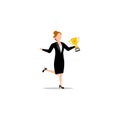 Cartoon character illustration of successful young business woman running bring gold trophy. Flat design isolated on white Royalty Free Stock Photo