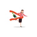 Cartoon character illustration of successful young business woman running through the finish line bringing briefcase with full Royalty Free Stock Photo