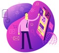 Cartoon character illustration for web design, presentation, infographic, landing page: Man uses the Internet. Makes a choice in t Royalty Free Stock Photo