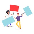 Cartoon character illustration of young couple holding blank placard flat. Standing male and female protesters or activists. Royalty Free Stock Photo