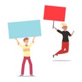 Cartoon character illustration of young couple holding blank placard flat. Standing male and female protesters or activists.