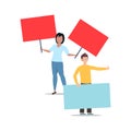 Cartoon character illustration of young couple holding blank placard flat. Standing male and female protesters or activists.