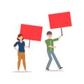 Cartoon character illustration of young couple holding blank placard flat. Standing male and female protesters or activists. Royalty Free Stock Photo