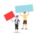 Cartoon character illustration of young couple holding blank placard flat. Standing male and female protesters or activists.