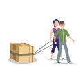 Cartoon character illustration of young couple pulling the big box with rope. Flat design isolated on white background