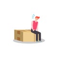 Cartoon character illustration of young man courier delivery felt tired then sitting on the box. Flat design isolated on white