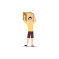 Cartoon character illustration of young man courier delivery standing carry the box. Flat design isolated on white background