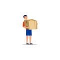 Cartoon character illustration of young man courier delivery standing carry the box. Flat design isolated on white background