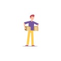 Cartoon character illustration of young man courier delivery standing carry two boxes. Flat design isolated on white background