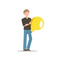 Cartoon character illustration of young man holding light bulb. Concept of search new ideas solutions, imagination, creative Royalty Free Stock Photo