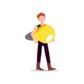 Cartoon character illustration of young man holding light bulb. Concept of search new ideas solutions, imagination, creative Royalty Free Stock Photo