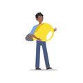 Cartoon character illustration of young man holding light bulb. Concept of search new ideas solutions, imagination, creative Royalty Free Stock Photo