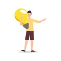 Cartoon character illustration of young man holding light bulb. Concept of search new ideas solutions, imagination, creative Royalty Free Stock Photo