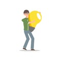 Cartoon character illustration of young man holding light bulb. Concept of search new ideas solutions, imagination, creative Royalty Free Stock Photo