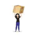 Cartoon character illustration of young woman courier delivery standing carry the big box. Flat design isolated on white