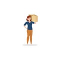 Cartoon character illustration of young woman courier delivery standing carry the box. Flat design isolated on white background