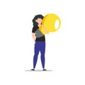 Cartoon character illustration of young woman holding light bulb. Concept of search new ideas solutions, imagination, creative Royalty Free Stock Photo