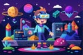 A cartoon character interacts with a virtual world filled with planets, crystals, and futuristic elements, Metaverso Customizable Royalty Free Stock Photo