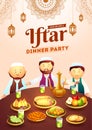 Cartoon character of islamic men enjoying delicious food and decoration of illuminated lantern, Iftar Dinner Party.
