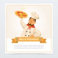 Cartoon character of italian pizzaiolo holding hot pizza Royalty Free Stock Photo