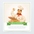 Cartoon character of italian pizzaiolo holding pizza in box Royalty Free Stock Photo