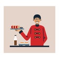 Cartoon character of Japanese man in uniform with sushi Royalty Free Stock Photo