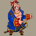 Cartoon character joyful pirate winks and shows a gesture with two hands