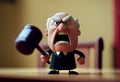 Cartoon character judge with a judge gavel in courtroom.