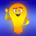cartoon character light bulb smiling and waving. Emoji with an expression of joy. Raster illustration on a blue