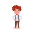 Cartoon character of little boy with red hair and freckles. Kid wearing fashion clothes brown pants with suspenders