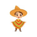 Cartoon character of little boy in colorful Mexican poncho and straw hat. Fancy clothes for carnival. Flat vector icon