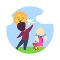 Cartoon Character Little Dreamers, Boy And Girl Playing Outside Vector Illustration