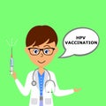Cartoon character male doctor holding syringe and talking about HPV vaccination. Royalty Free Stock Photo