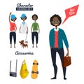 Cartoon character of male hipster in casual style clothes. Different specific details and objects