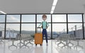 Cartoon character man holding luggage and backpack in the airport terminal Royalty Free Stock Photo