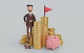 Cartoon character man leaning on a huge stack of gold coins. businessman, financial consulting, savings concept, piggy. 3d render