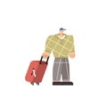 Cartoon character man with luggage waiting queue up for boarding airplane or check in at the airport terminal