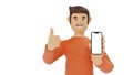 Cartoon character man in orange t-shirt show smartphone, thump up, app recommendation presentation, 3D rendering