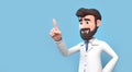 Cartoon character man physician doctor pointing with his finger up explaining. Light blue background. Medicine healthcare