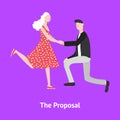 Cartoon Character Man Proposing Woman to Marry Card. Vector Royalty Free Stock Photo
