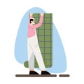 Cartoon character of man in uniform wallpapering during home repair Royalty Free Stock Photo