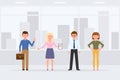 Cartoon character man, woman people standing front view in business office interior vector. Boy, girl colleagues waving, writing Royalty Free Stock Photo