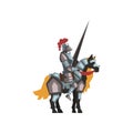 Medieval knight riding horse holding striped lance. Royal warrior in shiny armor and helmet with red feather. Flat Royalty Free Stock Photo