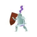 Medieval warrior with shield and sword in hands in fighting pose. Brave knight in shiny iron armor. Flat vector design Royalty Free Stock Photo