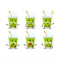 Cartoon character of melon milk with boba with what expression