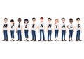 Cartoon character with Millennial generation people group. Young men and women standing together vector