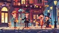 Cartoon character modern illustration of city streets, policemen, robber with stolen gold ring, discouraged puppeteer on