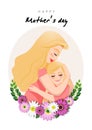 Cartoon character with Mom and daughter embrace in flower wreath. Mother s day background vector