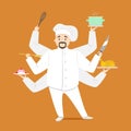 Cartoon Character Multitasking Chef Cooking. Vector